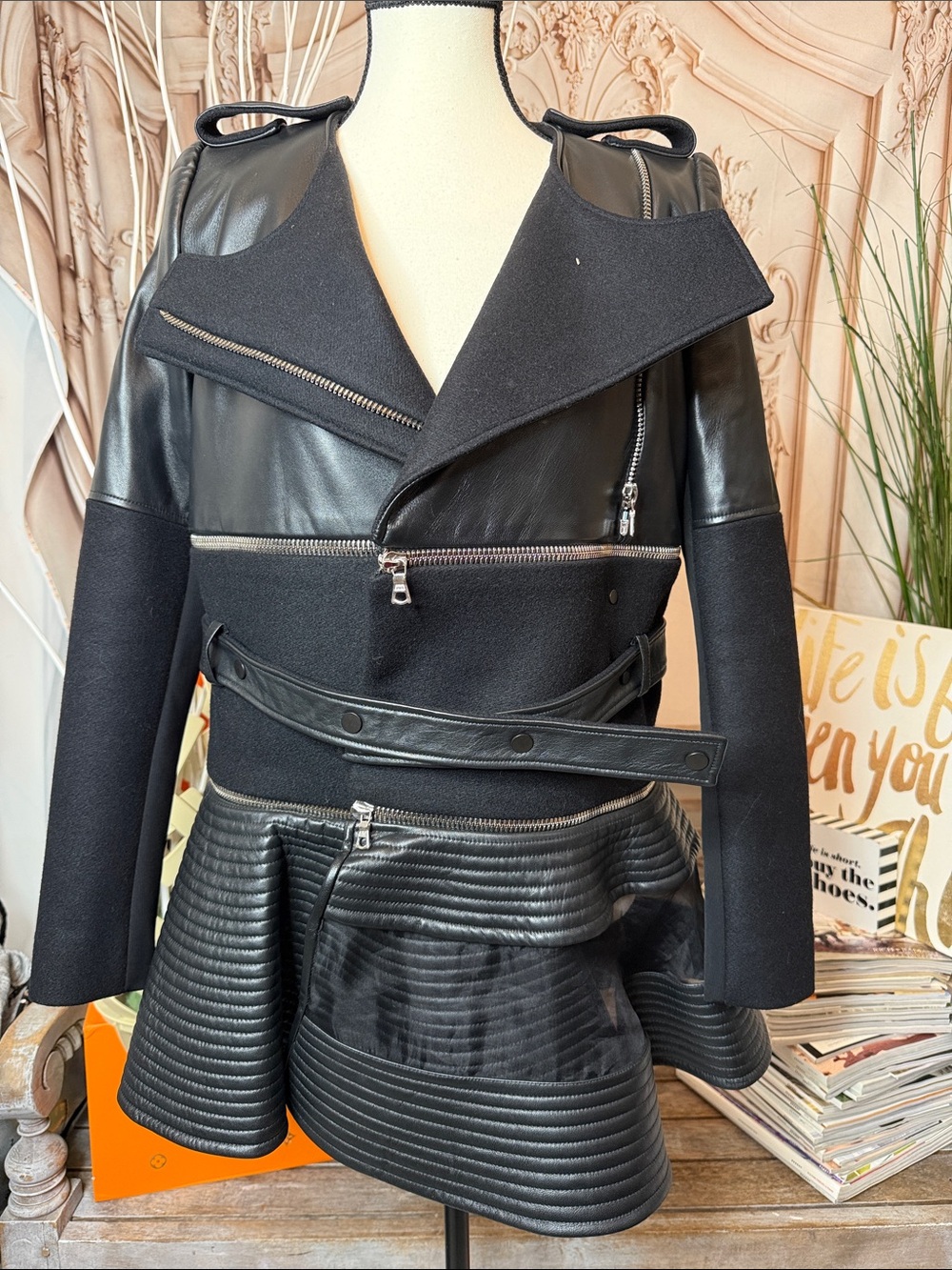 Women's Black Mixed-Media Moto Jacket